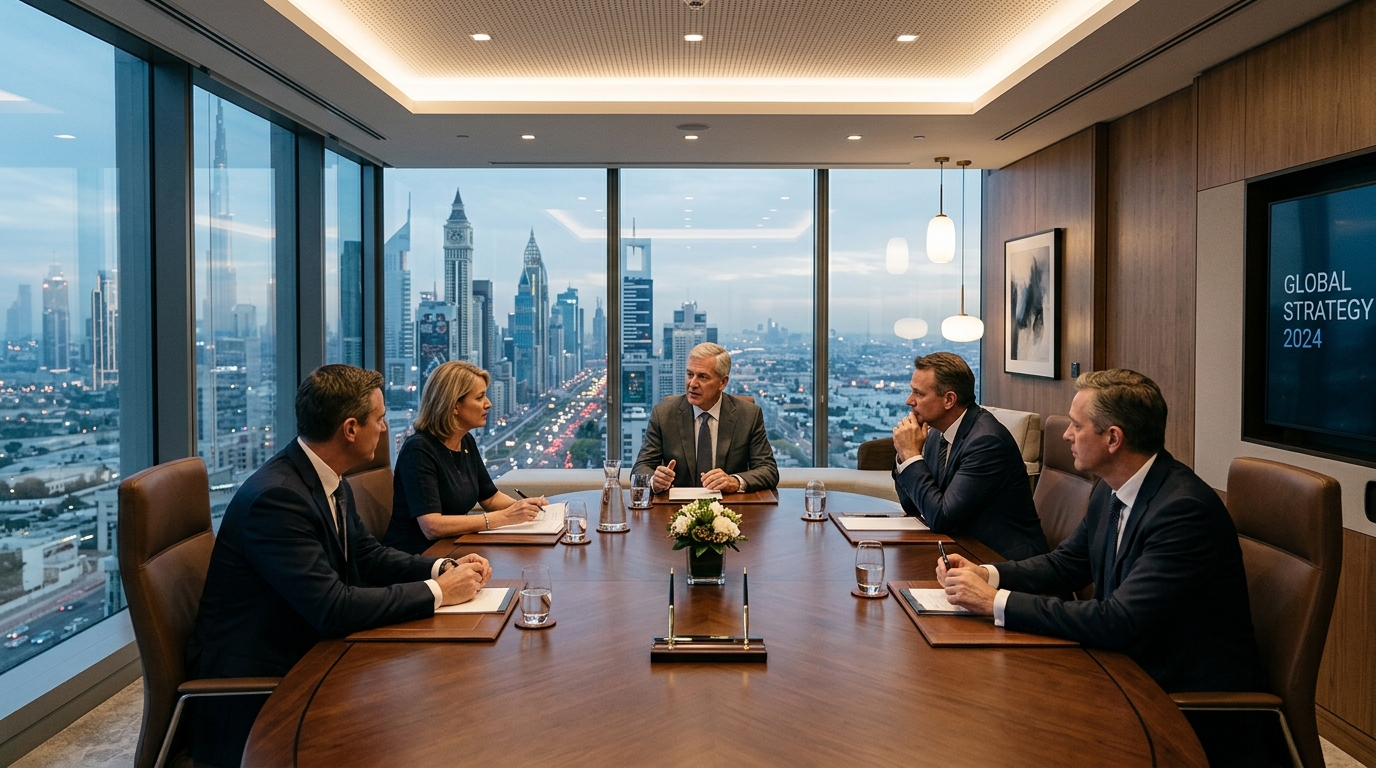 Senior C-suite board members in boardroom strategic discussion