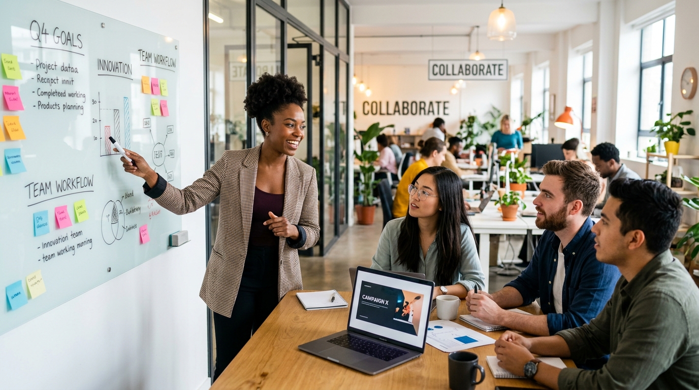 Frontline supervisor mentoring team members in modern workspace