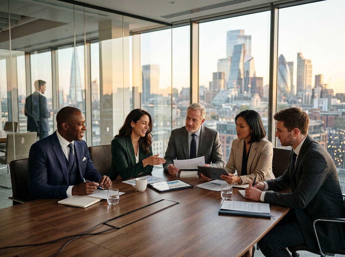 Corporate leadership team collaborating during a strategic session